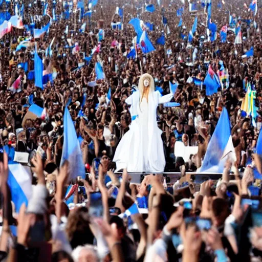 Prompt: Lady Gaga as president, Argentina presidential rally, Argentine flags behind, bokeh, giving a speech, detailed face, Argentina