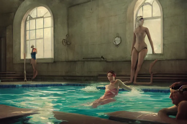 Prompt: blooming at a swimming pool, dark mood, John Singer Sargant, by Bastien Lecouffe-Deharme, James Jean, Edward Hopper, trending on artstation, Peter Doig, 4k, 8k, HD