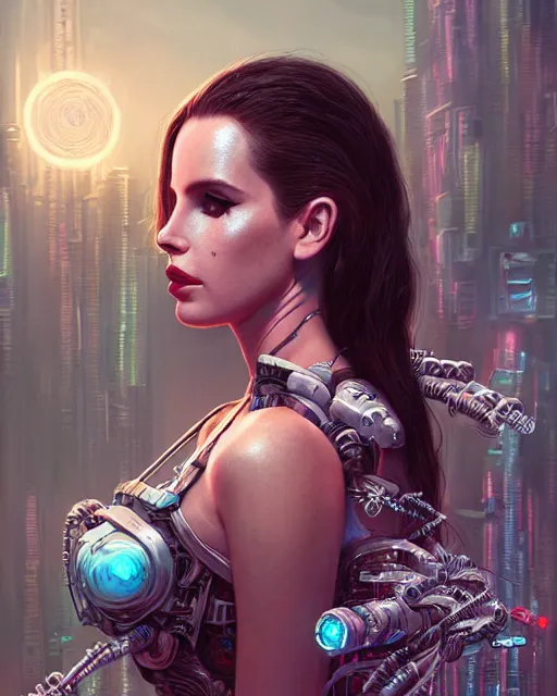 Image similar to portrait of lana del rey as a cyberpunk cyborg. roses, sci - fi, intricate abstract, upper body, intricate artwork, by tooth wu, wlop, beeple, dan mumford. concept art, 8 k octane render, deviantart, greg rutkowski, cinematic, key art, hyperrealism, iridescent accents