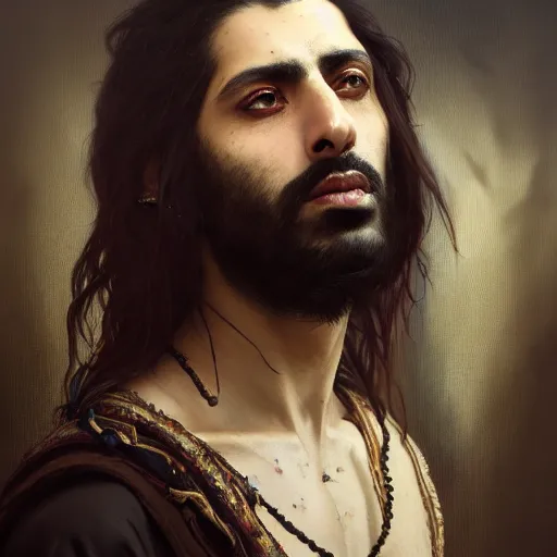 Image similar to portrait painting of a middle - eastern man with shoulder length hair and wearing a tattered black feather cloak and coat, ultra realistic, concept art, intricate details, eerie, highly detailed, photorealistic, octane render, 8 k, unreal engine. art by artgerm and greg rutkowski and charlie bowater and magali villeneuve and alphonse mucha