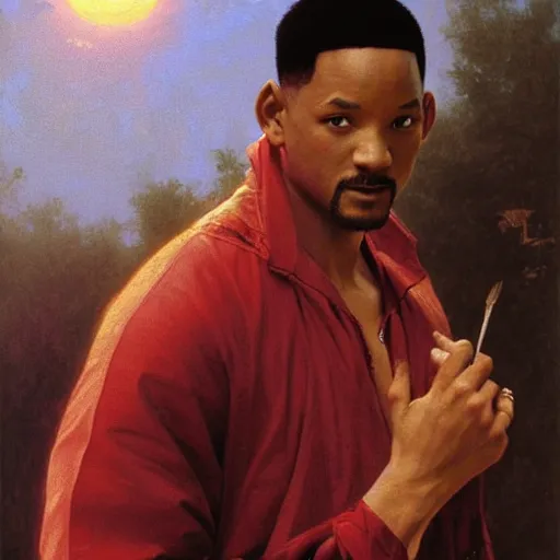Prompt: Painting of Will Smith as Neo. Art by william adolphe bouguereau. During golden hour. Extremely detailed. Beautiful. 4K. Award winning.