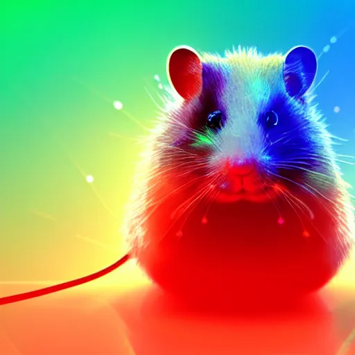 Image similar to cyberpunk hamster holding rainbow gem crystal, neon lights, light reflection, 8 k, hd