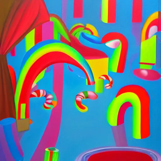 Image similar to candyland, oil and acrylic on canvas, surrealism, high detail