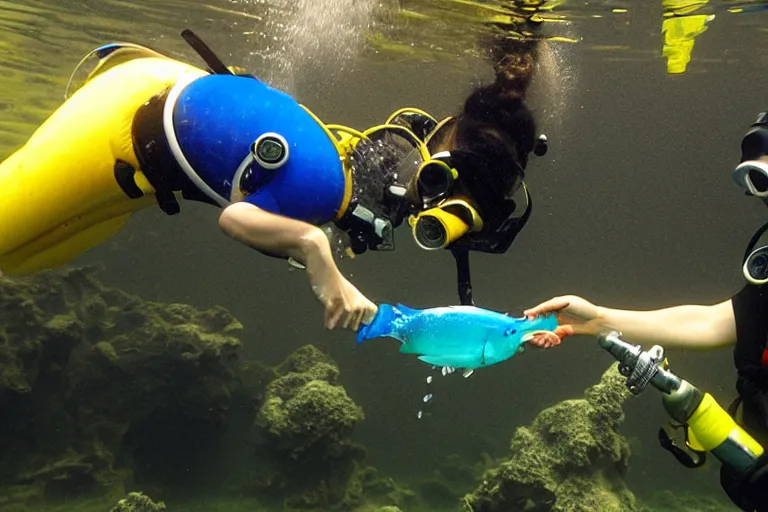 Prompt: Kind diver giving a glass of water to a thirsty fish