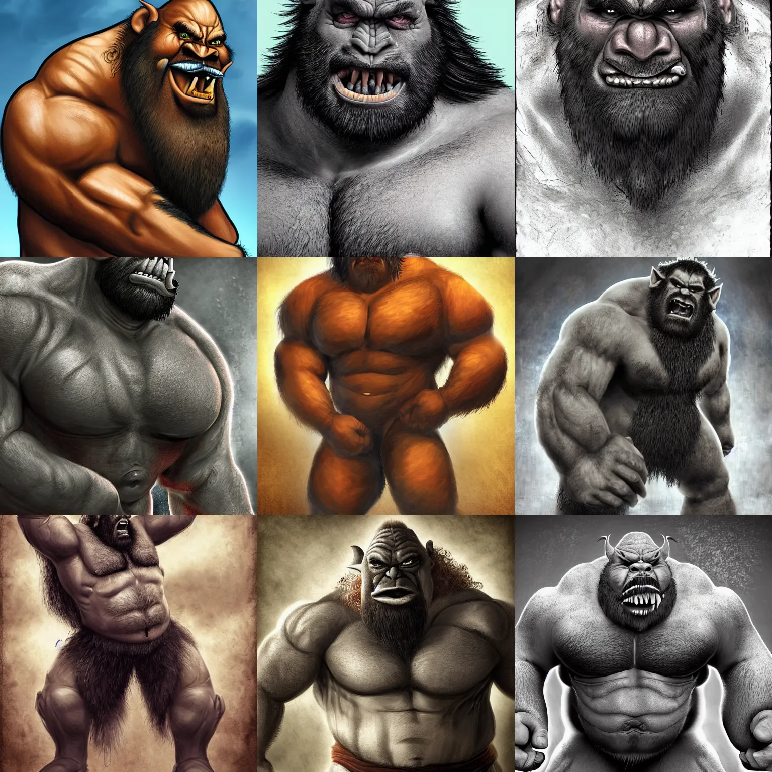 Prompt: strongman hairy orc with big muscle, thick body hair, mane - like hair and beard, tusks, manliness, digital art, high resolution