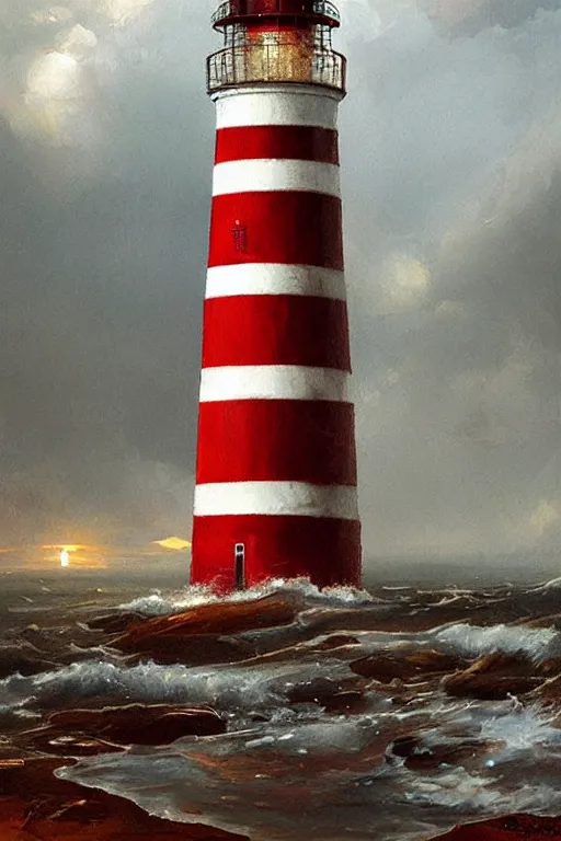 Image similar to a red and white lighthouse inside a clear bottle, very fancy whiskey bottle, masterpiece painting by greg rutkowski and daytoner