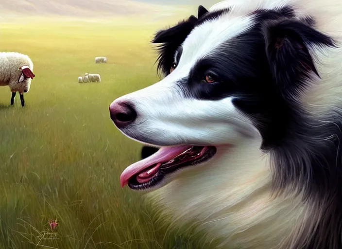 Image similar to close up painting of a border collie kissing a sheep in a pasture, beautiful, realistic proportions, highly detailed, scenic background, trending on artstation, art by charlie bowater and henry asencio and and ross tran