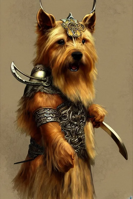 Image similar to norwich terrier as an Viking warrior, fantasy, intricate, elegant, highly detailed, digital painting, artstation, concept art, smooth, sharp focus, illustration, art by alphonse mucha