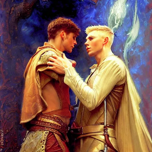 Image similar to attractive arthur pendragon with attractive male merlin the mage. they are in love. highly detailed painting by gaston bussiere, craig mullins, j. c. leyendecker