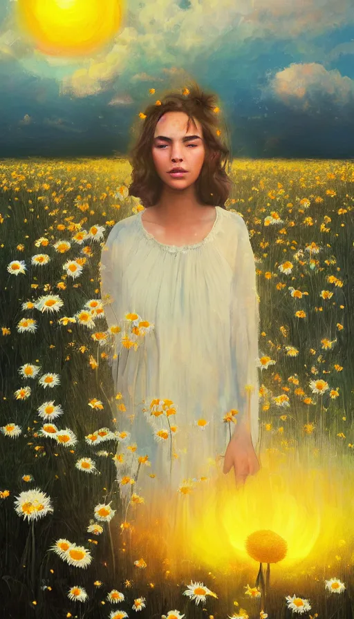 Image similar to girl face made of giant daisies, standing in a flower field, holding flowers, surreal photography, sunset dramatic light, impressionist painting, colorful clouds, large sky, digital painting, artstation, simon stalenhag