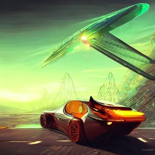 Prompt: solarpunk hovercar, clean energy, green technology, highway, sunny day, futurism, intricate, glow, highly detailed, digital painting, artstation, concept art, smooth, sharp focus, epic landscape, art by akihiko yoshida and tim mcburnie and anato finnstark