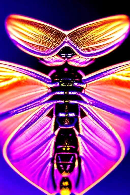 Image similar to high quality macro photo iridescent art nouveau fly! jeweled gorgeous! highly detailed digital art david ligare elson peter cinematic purple neon lighting high quality low angle hd 8k sharp shallow depth of field