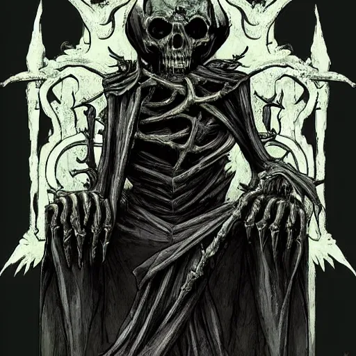 Image similar to “ undead lich on a throne made of bone, hyperdetailed, doom, menacing, supernatural ”