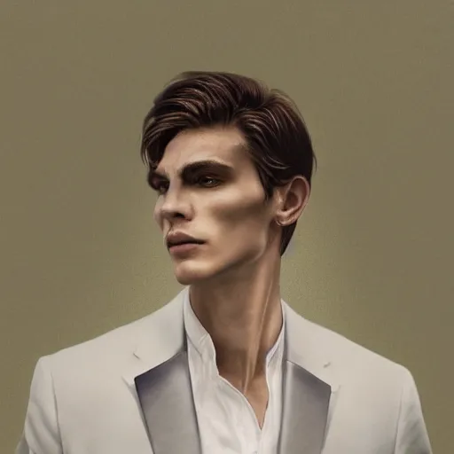 Prompt: portrait of a regal prince with sharp cheekbones, white clothes, high collar, close up, wistful melancholic hopeful expression, super details, surrounded by furious people, modern digital art, matte painting, science fiction