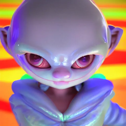 Image similar to A full body shot of a cute and mischievous huggy-wuggy from poppy-playtime the video game. Fancy Dress. Subsurface Scattering. Translucent Skin. Rainbow palette. defined facial features, symmetrical facial features. Opalescent surface. beautiful lighting. By Giger and Ruan Jia and Artgerm and WLOP and William-Adolphe Bouguereau. Photo real. Hyper-real. Photorealism. Fantasy Illustration. Sailor Moon hair. Masterpiece. trending on artstation, featured on pixiv, award winning, cinematic composition, dramatic pose, sharp, details, Hyperrealism, HD, HDR, 4K, 8K.