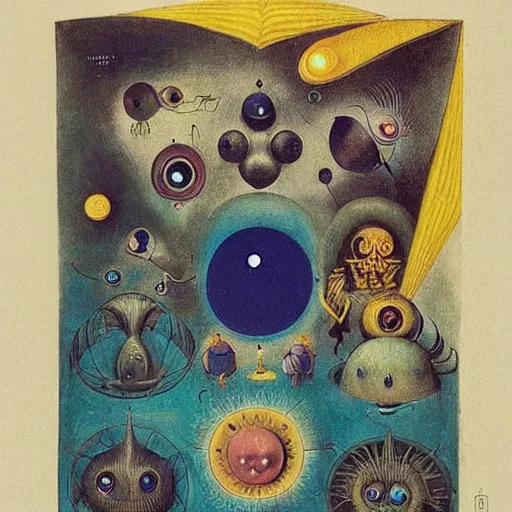 Image similar to a new small cute creature from space cosmic multiple eyes a bit weird cosmic with an intriguing wonderful machine beside him, tarot card, beautiful frames, Leonora Carrington moebius Hieronymus Bosch Max Ernst dali Zdzisaw Beksiñski Roland Topor Henryk Plociennik