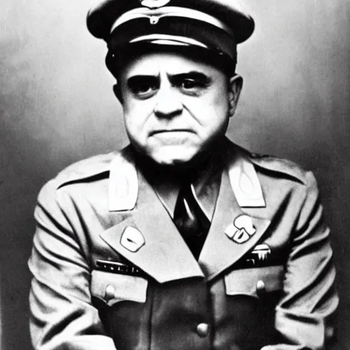 Image similar to 1942 portrait photograph, Danny DeVito in a Nazi officer's uniform
