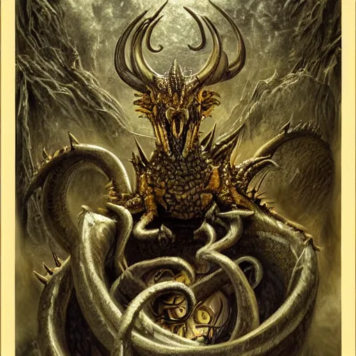 Image similar to a dark entropy dragon, detailed, fantasy, scary, realistic, frightening, ornate, horns, spikes, incredible, masterpiece, amazing, wow!, sense of awe, award winning, greg rutowski, bosch, dali