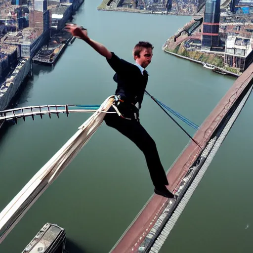 Image similar to tightrope walker above Erasmus bridge, hyperdetailed