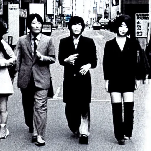 Prompt: 1 9 7 0 s, black and white japanese tv show, ph, mechanical monsters walking the streets of shinjuku