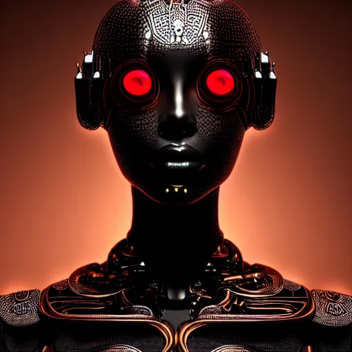 Image similar to portrait of an absurdly beautiful, graceful, sophisticated, fashionable black cyberpunk mechanoid gravure idol, hyperdetailed illustration by irakli nadar, matt wisniewski style, intricate linework, dark black porcelain skin, jellyfish headdress, brown eyes, unreal engine 5 highly rendered, global illumination, red light, detailed and intricate environment