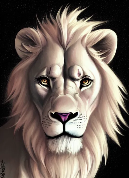 Prompt: !dream aesthetic portrait commission of an albino male furry anthro lion with lavender and mint glowing orbs of light illuminating the lions face, Atmospheric. Character design by charlie bowater, ross tran, artgerm, and makoto shinkai, detailed, inked, western comic book art, 2021 award winning painting