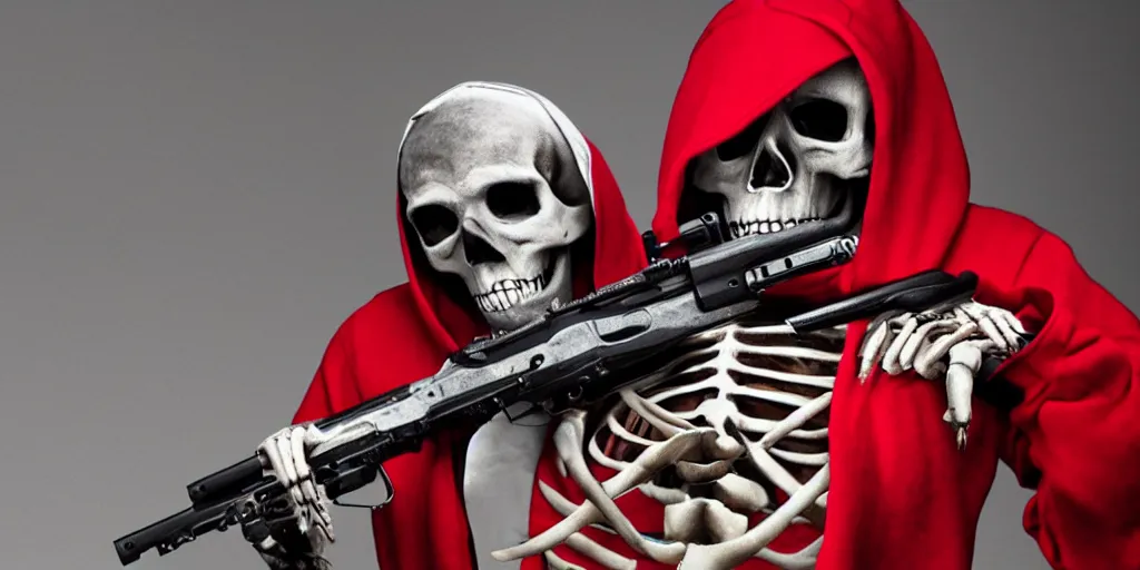 Prompt: a skeleton in a red hoodie with a rifle ultrarealism