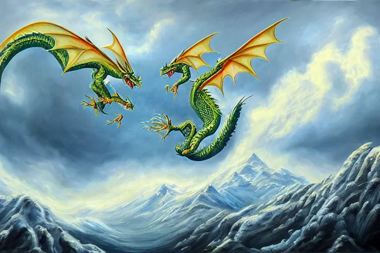 Image similar to a vast oil painting of two storm dragons dueling above the snowy peaks, hyper realistic, vivid, highly detailed, many colors