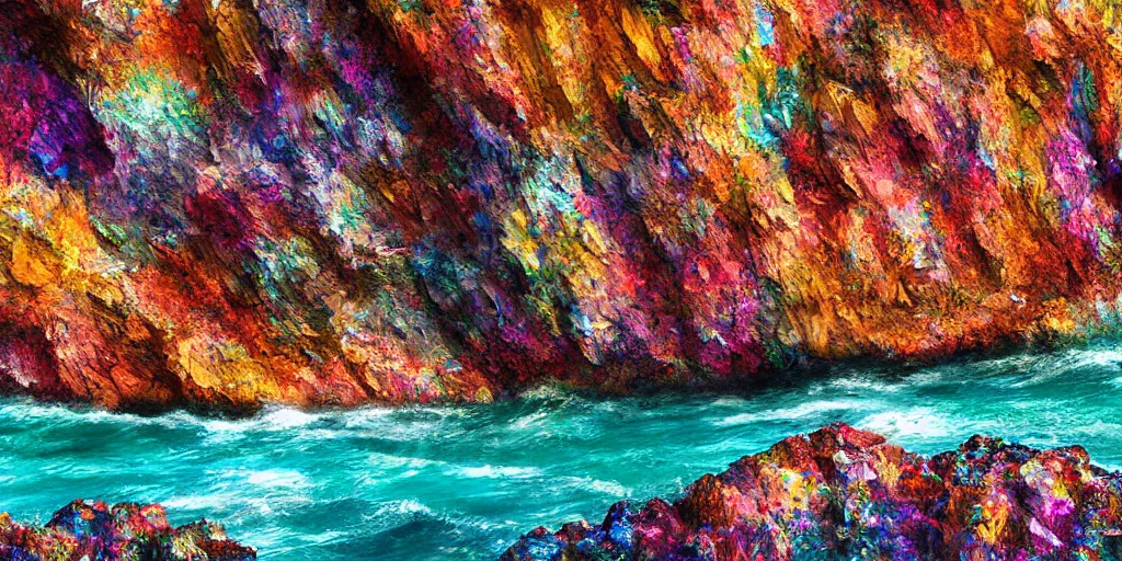 Image similar to glittering multicolored crystal cliffs, viewed from the ocean, high quality digital art,