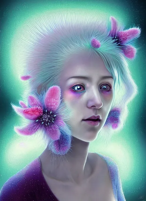 Image similar to hyper detailed 3d render like a Oil painting - kawaii portrait Aurora (white haired Singer Ferret) seen Eating of the Strangling network of yellowcake aerochrome and milky Fruit and Her delicate Hands hold of gossamer polyp blossoms bring iridescent fungal flowers whose spores black the foolish stars by Jacek Yerka, Mariusz Lewandowski, Houdini algorithmic generative render, Abstract brush strokes, Masterpiece, Edward Hopper and James Gilleard, Zdzislaw Beksinski, Mark Ryden, Wolfgang Lettl, hints of Yayoi Kasuma, octane render, 8k