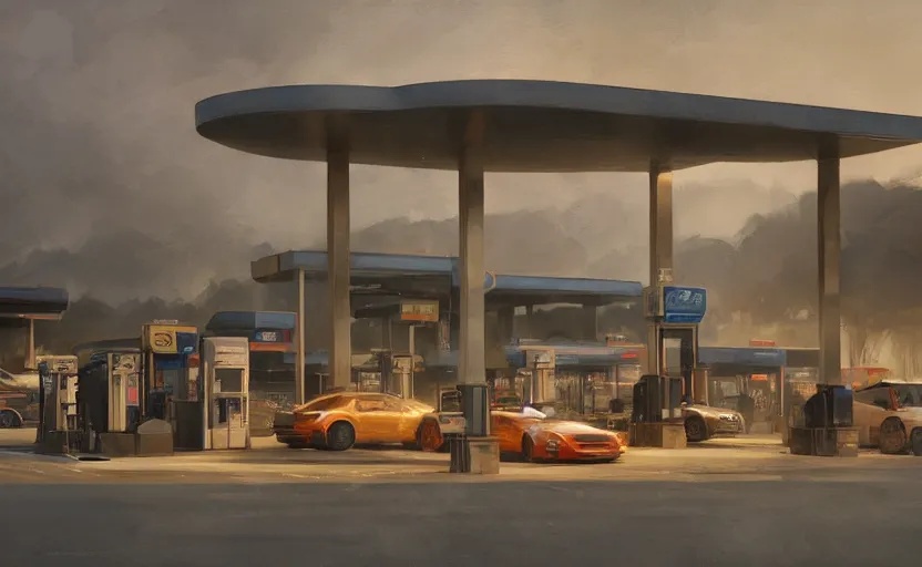 Image similar to Gas station, intricate, elegant, volumetric lighting, digital painting, highly detailed, artstation, sharp focus, illustration, concept art, ruan jia, steve mccurry