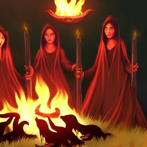 Prompt: a cult of black cloak wearing kittens summon a evil goddess from the depths of a raging fire pit. Flames are emerging from fissures in the ground.