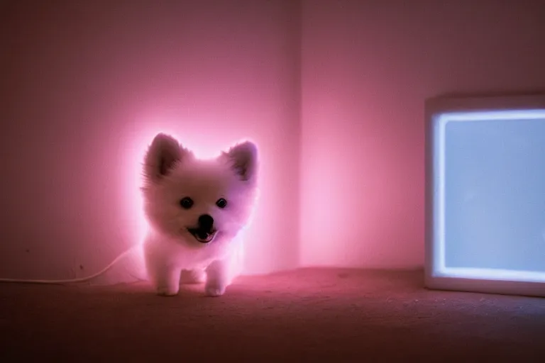 Image similar to cinematography closeup portrait of a small white fluffy pomeranian, neon lighting, night, by Emmanuel Lubezki
