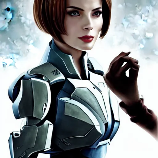 Prompt: A combination of Ashley Greene's and Ada Wong's and Grace Kelly's appearances with blonde hair wearing Forerunner armor from Halo, high tech, action shot, angular, full body portrait, futuristic, dramatic, fantasy, intricate, elegant, highly detailed, artstation, matte, sharp focus, 8K, art by Artgerm and Greg Rutkowski and Alphonse Mucha