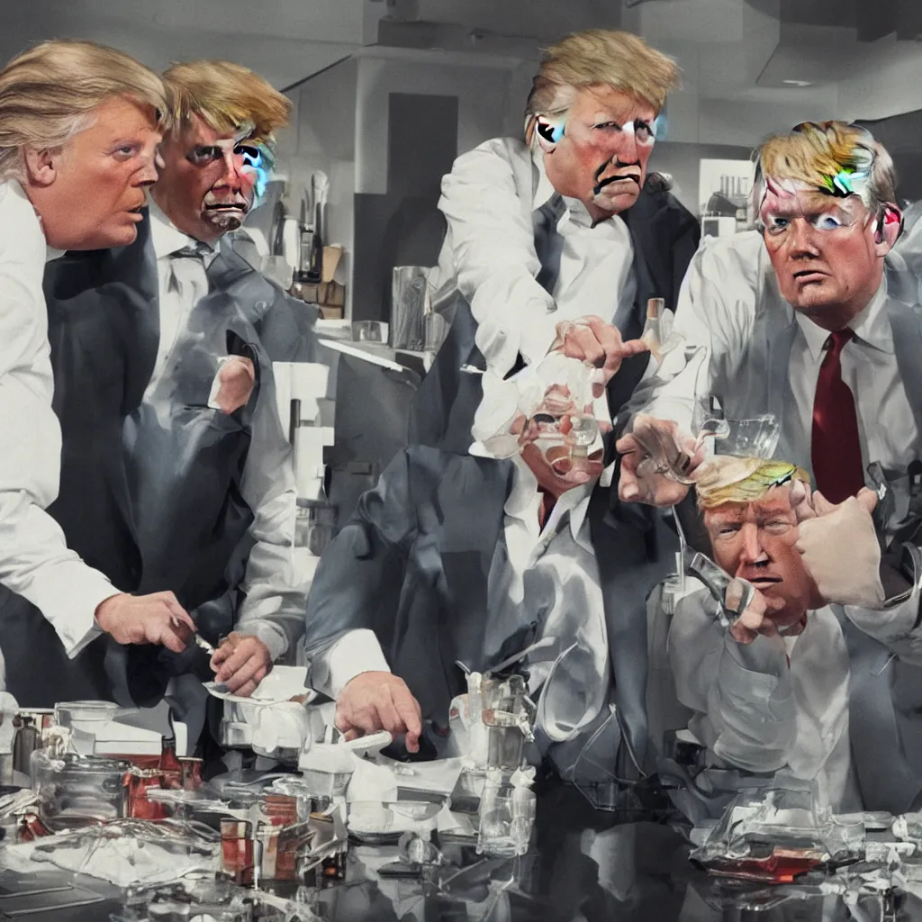 Image similar to Highly detailed photo of Walter White and Donald trump making meth