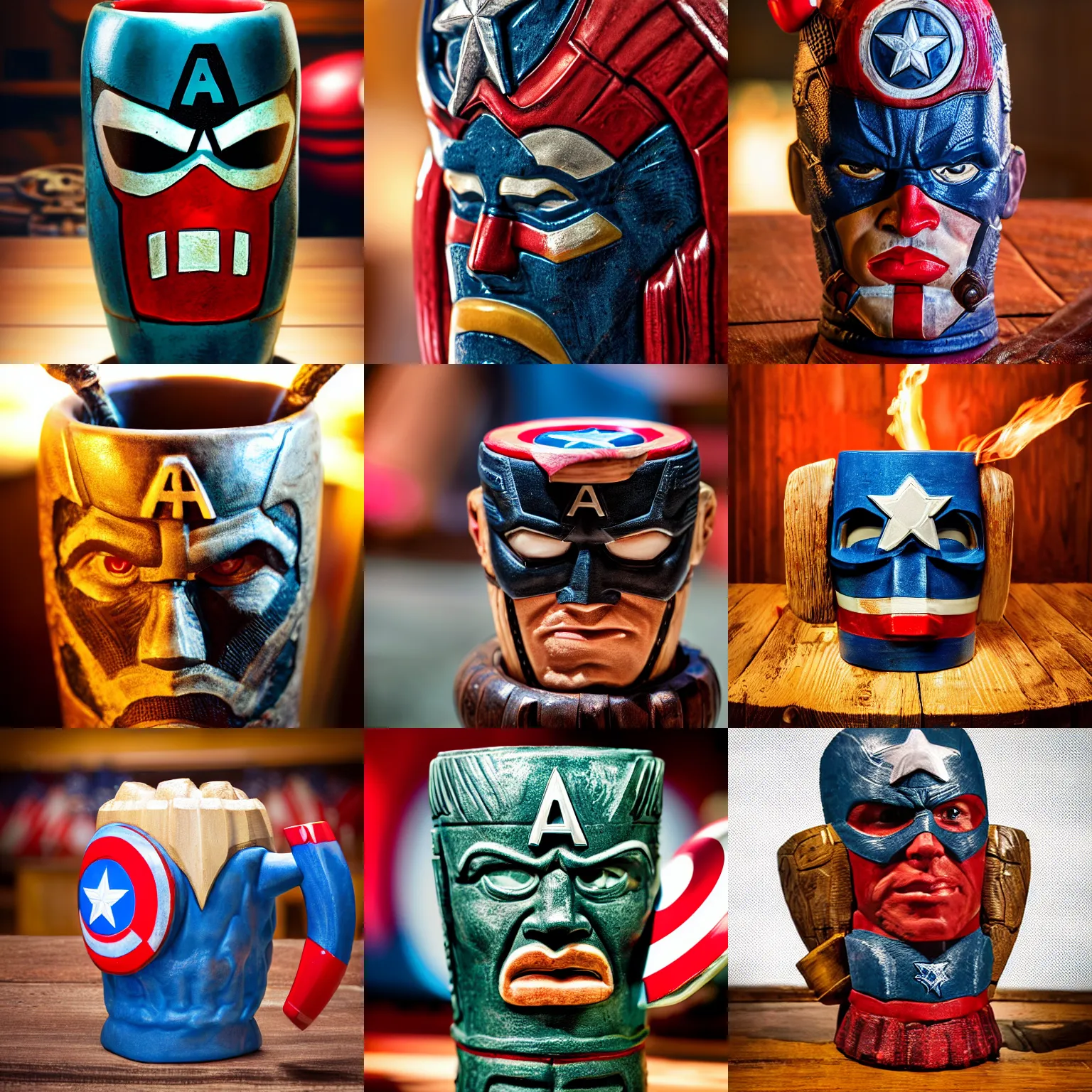 Prompt: a closeup photorealistic photograph of a captain america style tiki mug sitting at a trader vic's bar featuring captain america's face. tiki theme. bright scene. fine detail. this 4 k hd image is trending on artstation, featured on behance, well - rendered, extra crisp, features intricate detail, epic composition and the style of unreal engine.