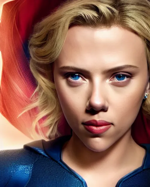 Image similar to scarlett johansson portraying a beautiful supergirl, beautiful scarlett johansson super girl, movie, hyper realistic, hollywood promotional image, imax, 8 k