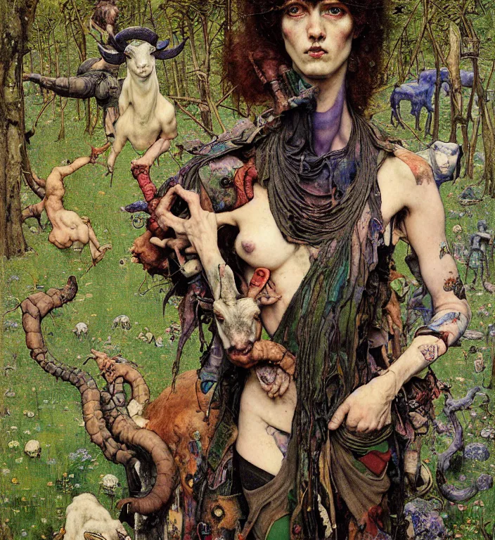 Prompt: pixelated corrupted professional pre-raphaelite defined colours 4k uncropped photo of a fully clothed punk person in the cyberpunk forest with a goat and a robot by Austin Osman Spare, Norman Rockwell, high quality, ultra detailed. Beksinski painting, part by Adrian Ghenie and Gerhard Richter. art by Takato Yamamoto. masterpiece, oil on canvas painting, pixelart, vivid acid neon colours. Futurism by beksinski carl spitzweg moebius and tuomas korpi. baroque elements. baroque element. intricate artwork by caravaggio. Oil painting. Trending on artstation. 8k