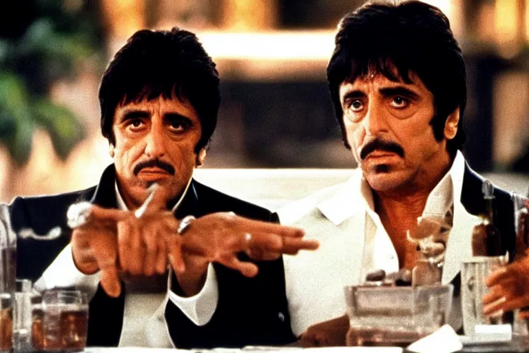 Image similar to tony montana from movie scarface 1 9 8 3 sitting behind a big black oak table with big large packages of flour. long shot. al pacino. perfect symmetric face, coherent eyes, fine details, 4 k, ron cobb. last scene from scarface movie