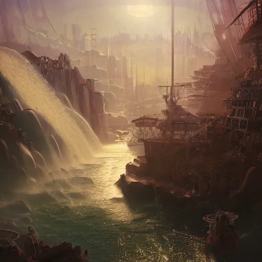 Image similar to an intricate sailpunk city a waterfall, high definition, detailed, 8 k, octane, morning light, volumetric light, artstation, deviantsrt