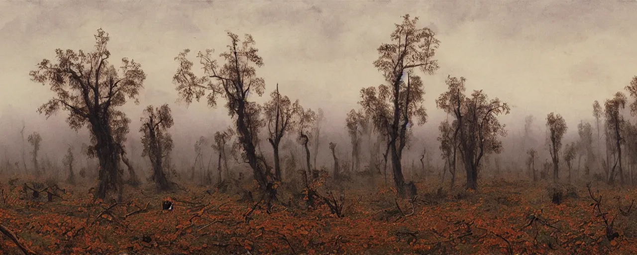 Prompt: a large pumpkin patch vines surrounded by dead trees spooky fog shrouded landscape, fall, matte painting, by Isaac Levitan and Vasily Perov