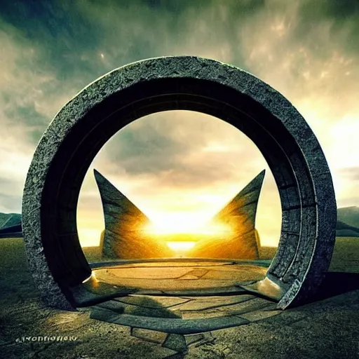 Image similar to stargate made of stone that form a circle, cinematic view, epic sky by android jones