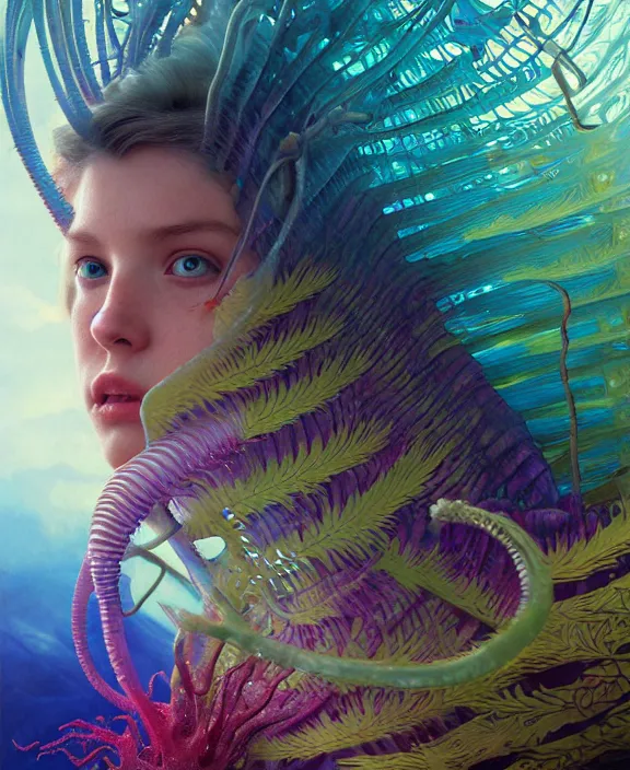 Prompt: filigreed colorful transparent portrait of a terrifying beautiful alien sea creature, fronds, mottled coloring, adorable, childlike, horror environment, ultra realistic, concept art, art nouveau, photorealistic, octane render, 8 k, unreal engine. art by christopher marley and artgerm and greg rutkowski and alphonse mucha