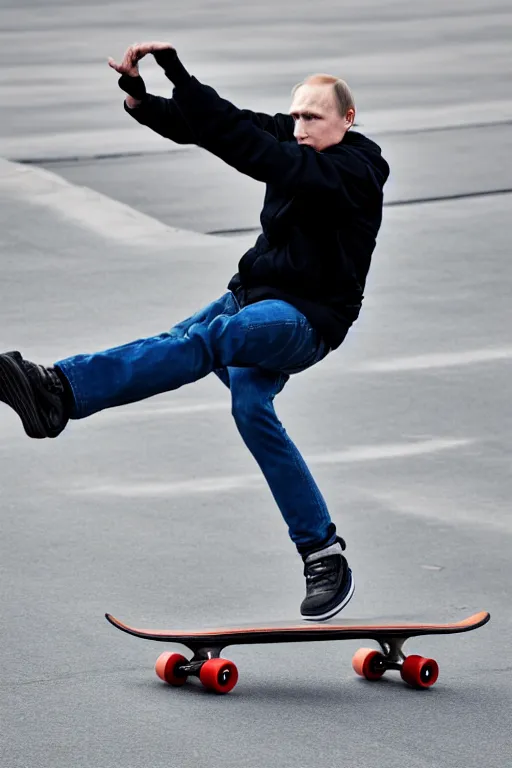 Prompt: a picture of putin playing skateboard - photorealistic, face features, incrinate taken with canon eos 5 d mark iv, versatile, lens interoperability, autofocus, 4 k uhd video capture at 3 0 fps, 8 k time - lapse functions, by karah mew