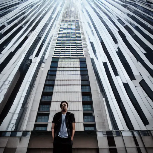 Prompt: a person standing in front of a tall building, 8K, photograph