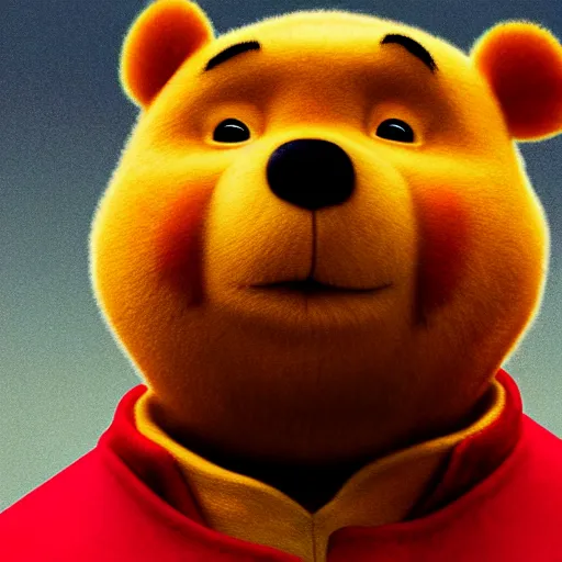 Image similar to film still photo portrait of xi jinping cosplaying as winnie the pooh, winnie the pooh xi jinping, xi jinping, realistic, hyperrealistic, 8 k resolution, hd quality, very detailed, highly detailed, intricate details, real life, real world, trending on artstation, digital art, really realistic, very realistic, headshot, head in frame, photograph, portrait