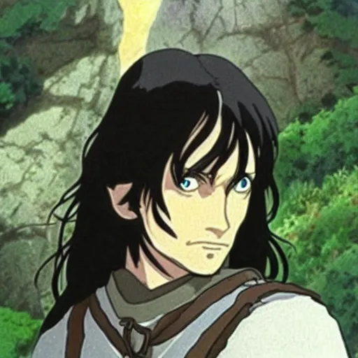 Image similar to aragorn from the anime lord of the rings (1986), looking serious, some beard, studio ghibli, very detailed, realistic