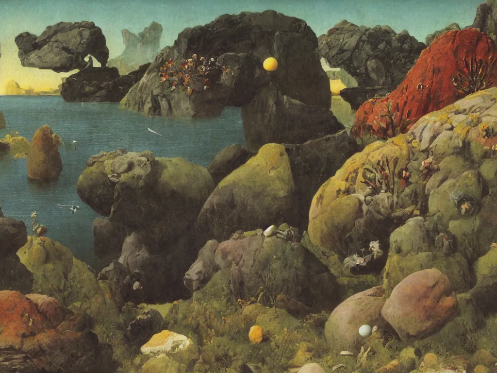 Prompt: Fauna on Jupiter a million years ago. Colorful rocks. Painting by Arnold Bocklin, Walton Ford, Henri Rousseau