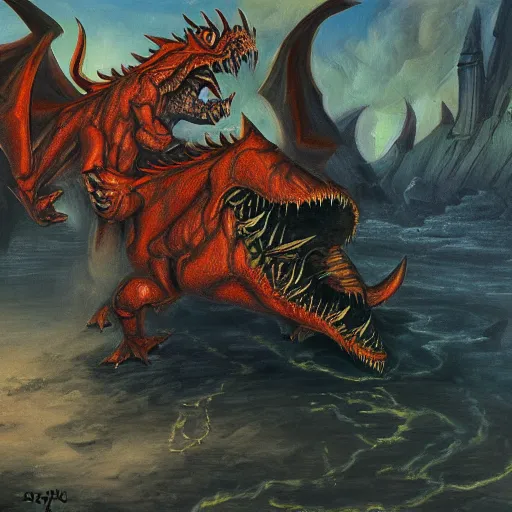 Prompt: tarrasque fighting a dracolich, oil painting