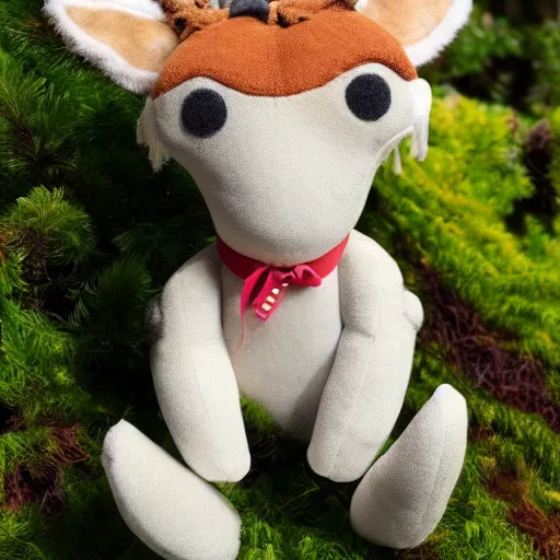Prompt: a portrait of a realistic deer plush doll with forest background